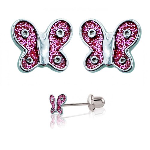 Inverness K008c Butterfly Pink Glitter 6 mm – Kolczyki do przekłuwania uszu z krótką igłą 9 mm